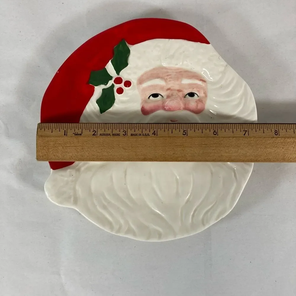 Vintage Santa Face Cookie Plate Hand Painted Japan Christmas Dish 7.5 “ Holly